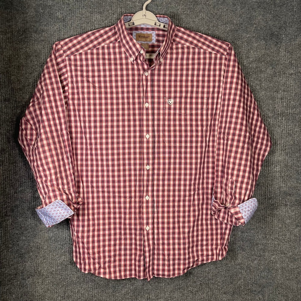 Ariat Button Down Shirt Mens XL Red Plaid Wrinkle Free Long Sleeve Contrast Cuff